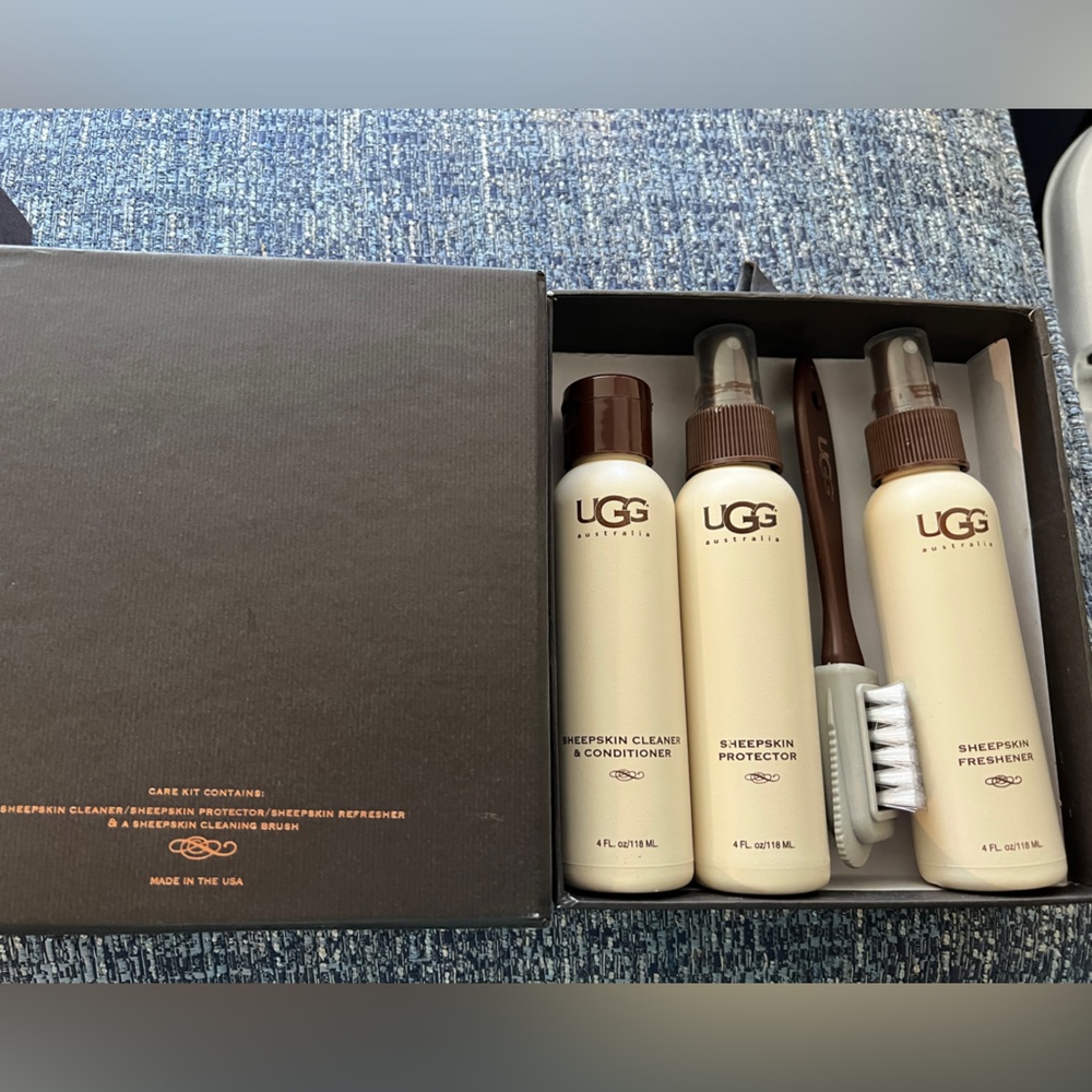 New Australian sheepskin care kit with cleanser, freshener, protector and brush.